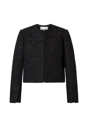 Melnas apgrieztas jaka ar apaļu kakla izgriezumu un garām piedurknēm, ar teksturētu audumu un noslēptu priekšpuses aizdari.