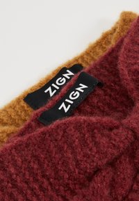 Two thick knit sweaters in rich maroon and warm mustard colors, each with a textured finish and a black ZIGN tag at the neckline.