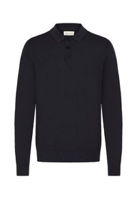 Langærmet sort polo skjorte lavet af strikket stof, med en tre-knaps knaplukning og ribkantede manchetter og søm. Glat tekstur, klassisk design.