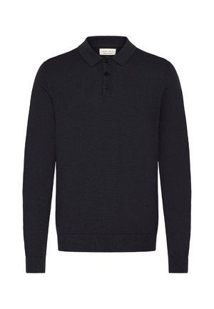 Polo a maniche lunghe nera realizzata in tessuto a maglia, con colletto a tre bottoni e polsini e orlature a costine. Texture liscia, design classico.