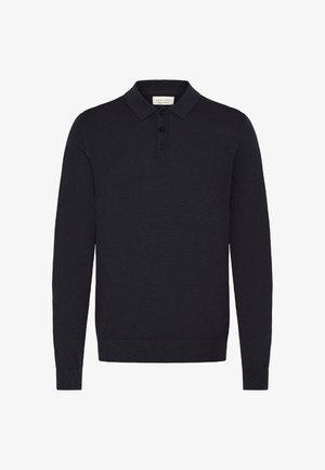 Polo a maniche lunghe nera realizzata in tessuto a maglia, con colletto a tre bottoni e polsini e orlature a costine. Texture liscia, design classico.