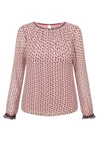Blusa a maniche lunghe in tessuto rosa trasparente con un motivo a pois multicolori, scollatura rotonda e dettagli arricciati, con polsini arricciati.