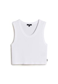 Camiseta sin mangas blanca de canalé con escote redondeado. Presenta un dobladillo recto y una pequeña etiqueta de la marca en la parte inferior izquierda.