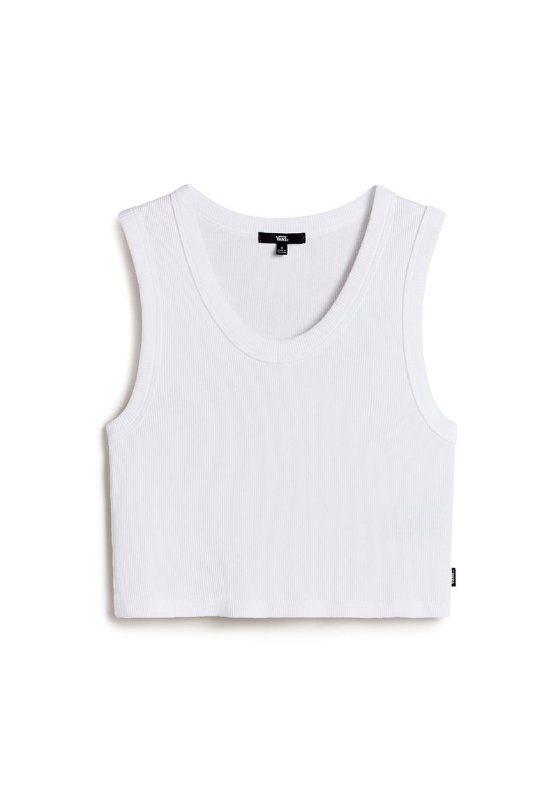 Camiseta sin mangas blanca de canalé con escote redondeado. Presenta un dobladillo recto y una pequeña etiqueta de la marca en la parte inferior izquierda.