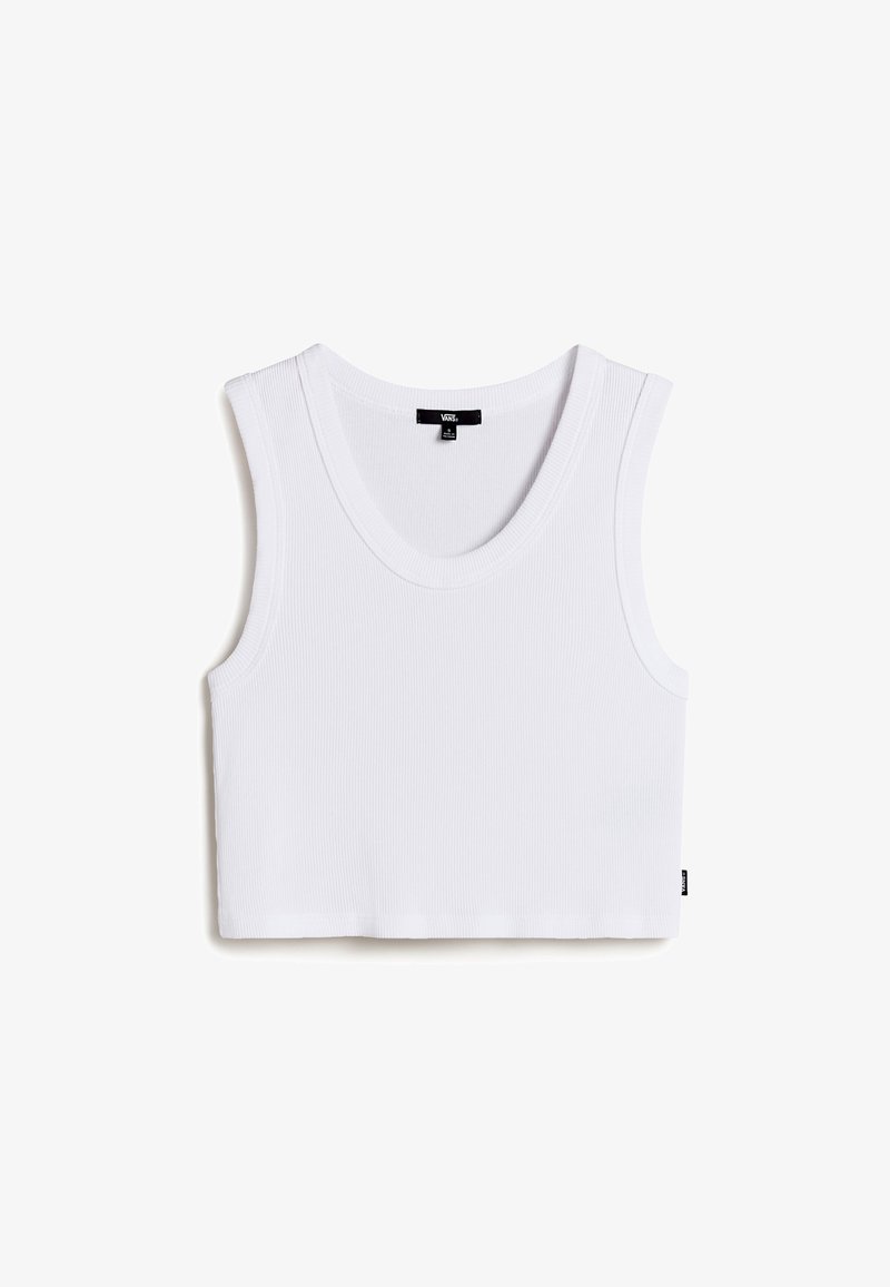 Weißes, geripptes Tanktop mit runder Ausschnittform und ärmellosem Design. Hat einen geraden Saum und ein kleines Markenetikett auf der unteren linken Seite.