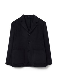 Blazer in lana nera con rever a punta, tre bottoni frontali e due ampie tasche a toppa, esposto su uno sfondo bianco.