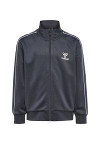 Granatowa kurtka sportowa zapinana na zamek, wykonana z gładkiego materiału, z białymi paskami po bokach i wysokim kołnierzem. Zawiera małe logo na piersi.