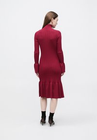 Rotes, geripptes Strickkleid mit langen Ärmeln und hohem Kragen, das unten einen ausgestellten Saum hat. Kombiniert mit schwarzen High Heels.