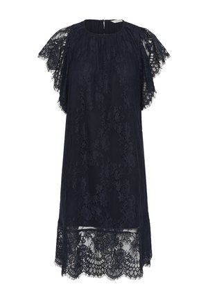 Tamnoplava čipkasta haljina do koljena s nazubljenim rubovima i raširenim rukavima, s uzorcima cvjetne čipke i zatvaračem na leđima.