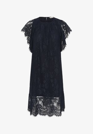 Tamnoplava čipkasta haljina do koljena s nazubljenim rubovima i raširenim rukavima, s uzorcima cvjetne čipke i zatvaračem na leđima.