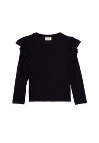 Haut noir à manches longues en tissu côtelé, avec des accents froncés aux épaules. Encolure ronde et design ajusté.