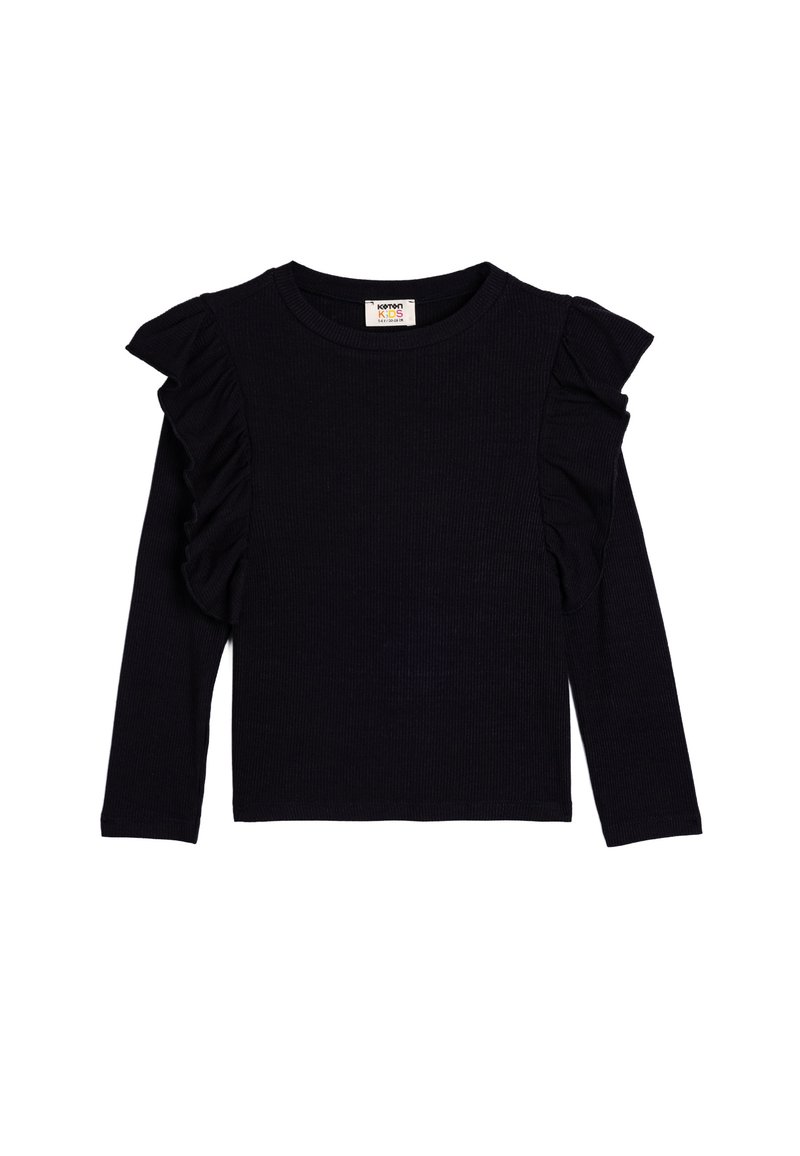 Haut noir à manches longues en tissu côtelé, avec des accents froncés aux épaules. Encolure ronde et design ajusté.