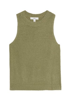 Top senza maniche verde oliva in maglia con scollatura tonda e finitura testurizzata. Presenta un orlo dritto e un'etichetta sul collo.