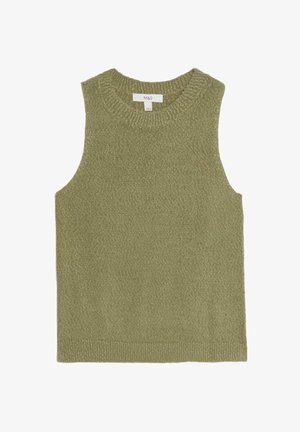 Haut sans manches en tricot vert olive avec un encolure ronde et une finition texturée. Présente une couture droite et une étiquette au niveau du cou.