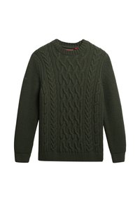 Ciemnozielony sweter w warkocze z okrągłym dekoltem, z grubymi wzorami warkoczy oraz prążkowanymi mankietami i dołem. Wykonany z teksturowanej tkaniny.