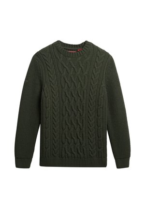 Donkergroene kabelgebreide trui met een ronde halslijn, voorzien van dikke kabelpatronen en geribbelde manchetten en zoom. Gemaakt van een gestructureerde stof.
