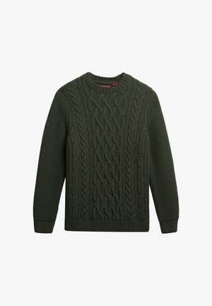Donkergroene kabelgebreide trui met een ronde halslijn, voorzien van dikke kabelpatronen en geribbelde manchetten en zoom. Gemaakt van een gestructureerde stof.