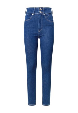 High-waisted blue denim jeans with a slim fit, featuring two buttons at the waistband, front pockets, and contrasting stitching details.