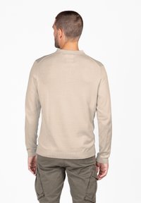 Maglione beige a maglia con colletto alto, maniche lunghe e orlo a coste, indossato sopra pantaloni cargo oliva. Texture liscia con un design aderente.