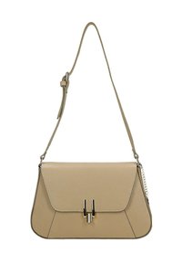 Beżowa skórzana torebka w strukturalnym kształcie, z klapą i metalowymi elementami. Posiada odpinany pasek na ramię oraz fakturowaną powierzchnię.