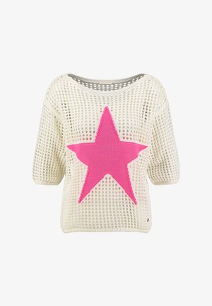 Top de crochet de color crema con mangas cortas, diseño de una gran estrella rosa brillante en el frente y cuello redondo ancho.