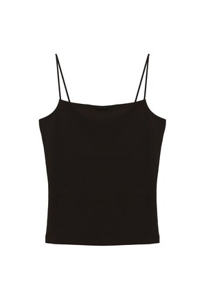 Sort camisole-top med tynde stropper, der har en glat overflade og en firkantet halsudskæring. Enkel, tætsiddende design uden udsmykninger.