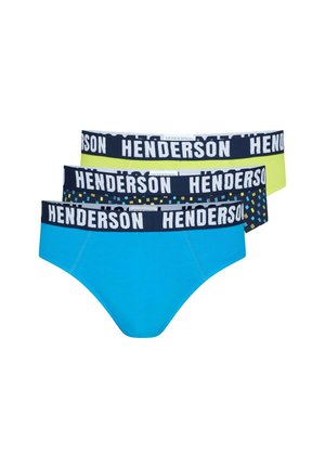 Drei Herren-Slips in Blau, gemustertem Blau und Gelb mit marineblauen Bundbändern mit weißem "HENDERSON" Text.