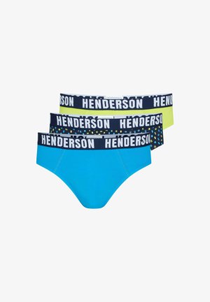 Drei Herren-Slips in Blau, gemustertem Blau und Gelb mit marineblauen Bundbändern mit weißem "HENDERSON" Text.