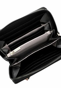 Black leather wallet with a zip closure, featuring multiple card slots and compartments, smooth interior fabric, and silver hardware accents.