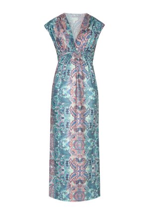 Lange, mouwloze maxijurk in turquoise, roze en groen met een paisley-patroon, voorzien van een V-hals en een geplooide taille.