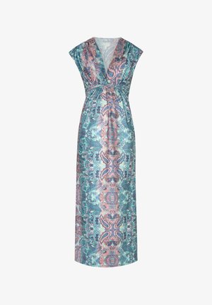 Lange, mouwloze maxijurk in turquoise, roze en groen met een paisley-patroon, voorzien van een V-hals en een geplooide taille.