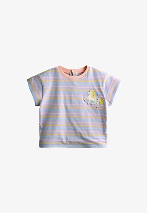 Koszulka dla malucha z krótkim rękawem w pastelowe paski, z różowym kołnierzem i naszywką z jednorożcem na piersi.