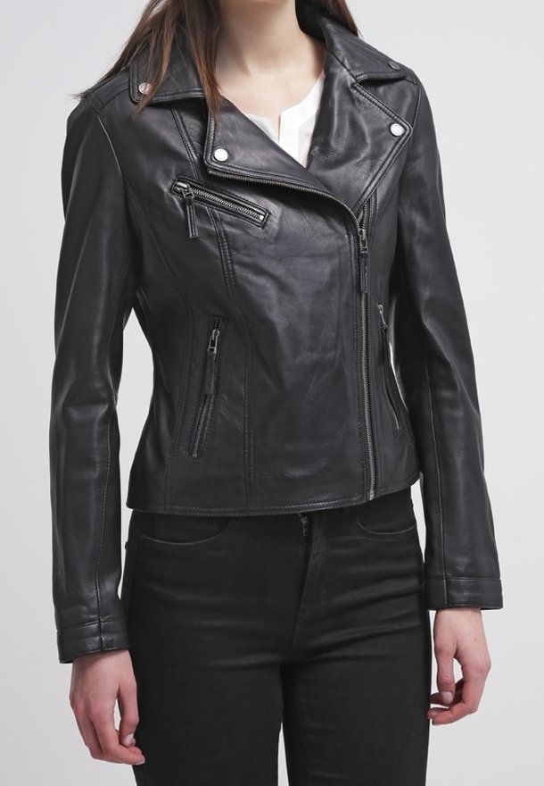 Black leather motorcycle jacket with a fitted design, multiple zippered pockets, and silver hardware. Textured surface with a smooth finish.