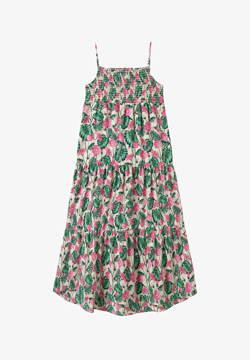 Robe d'été sans manches, à volants, avec un corsage smocké, ornée de feuilles tropicales vertes et de fleurs d'hibiscus roses sur fond blanc.