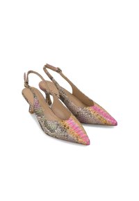 Decolté slingback a punta con un motivo in stampa serpente multicolore e testurizzato. Presenta un tacco basso e una cintura regolabile per una vestibilità sicura.