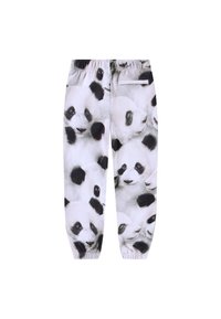 Jogging pants avec un imprimé panda noir et blanc, une taille élastique, des chevilles resserrées, un tissu doux et une poche au dos.