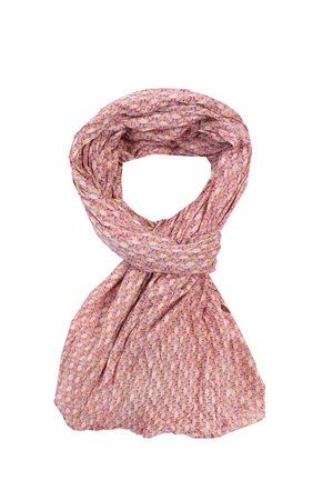 Leichter pinkfarbener Schal mit floralen Mustern in Orange und Gelb, der eine weiche, geraffte Textur und ein geschlungenes Design aufweist.