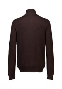 Pullover castanho de mangas longas com um colarinho alto, punhos e bainha canelados. Design minimalista com uma textura suave e sem padrões visíveis.