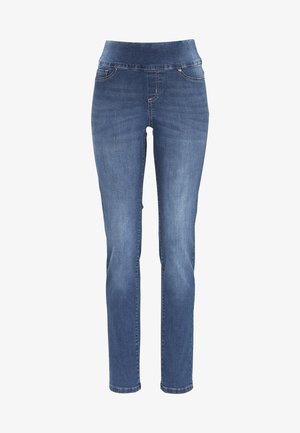 Skinny jeans in medium blue denim. Features a high waistband, five pockets, and contrasting stitching. Smooth texture with a slight stretch.