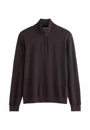 Mørkebrun langærmet pullover med kort lynlås og ståkrave samt ribbede manchetter og kant, vist mod en hvid baggrund.