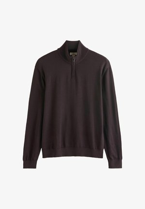 Mørkebrun langærmet pullover med kort lynlås og ståkrave samt ribbede manchetter og kant, vist mod en hvid baggrund.