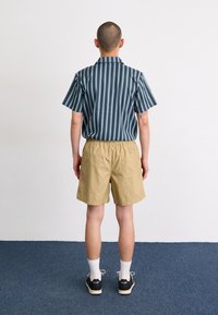 Camisa de manga curta, riscada em azul escuro com linhas em azul claro e branco, combinada com calções bege. Ténis pretos com solas brancas.