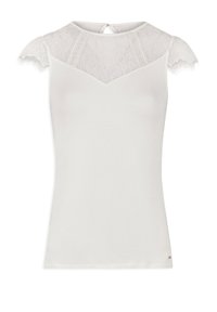 White t-shirt with lace flutter sleeves, a V-shaped lace yoke, and a small back keyhole opening. Soft cotton material with a smooth texture.