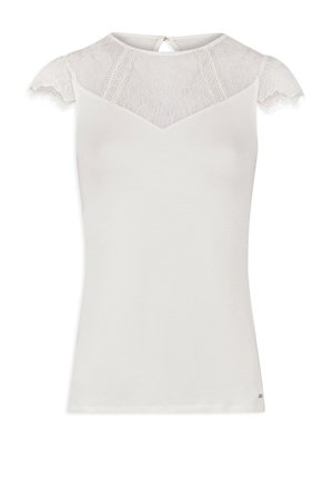 T-shirt bianco con maniche a farfalla in pizzo, una scollatura a V in pizzo e un piccolo apertura a chiave sul retro. Materiale in cotone morbido con una texture liscia.