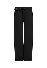 Zwarte, lichte en waterdichte broek met een elastische tailleband en een aanpasbare riem. Einde met elastische boorden. Gladde textuur.