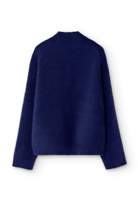 Marineblå, blød sweater med lange ærmer, rund halsudskæring og en afslappet pasform. Blød tekstur med en let glans; minimalistisk design.