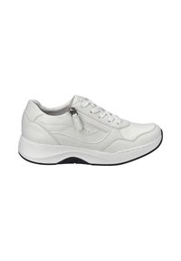 Hvide lædersneakers med en glat finish, afrundet tå, snørebånd og en sidelukning. Har en polstret sål med en sort accent.