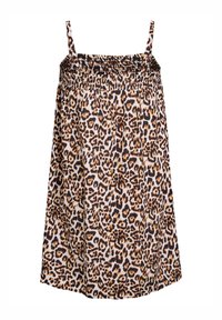 Leopardenmuster Tanktop mit dünnen Trägern, gerafftem Oberteil und A-Linienform. Merkmale sind braune und schwarze Flecken auf einem hellen Hintergrund.