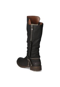 Botte noire en cuir jusqu'au genou avec des accents en cuir marron, fermeture éclair sur le côté, lacets décoratifs et semelle en caoutchouc texturé.