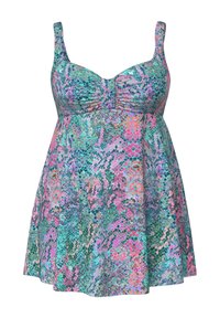Robe de bain colorée dans des tons de teal, rose et vert, avec un col en U, un devant froncé et une jupe évasée. Fabriquée en tissu léger.